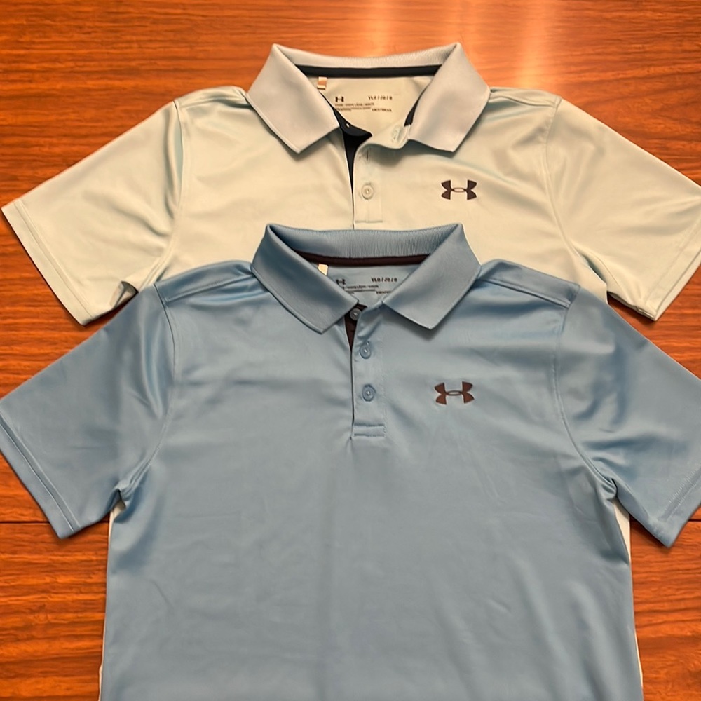 2 Under Armour boys XL 3-button ‘HeatGear’ polo shirts